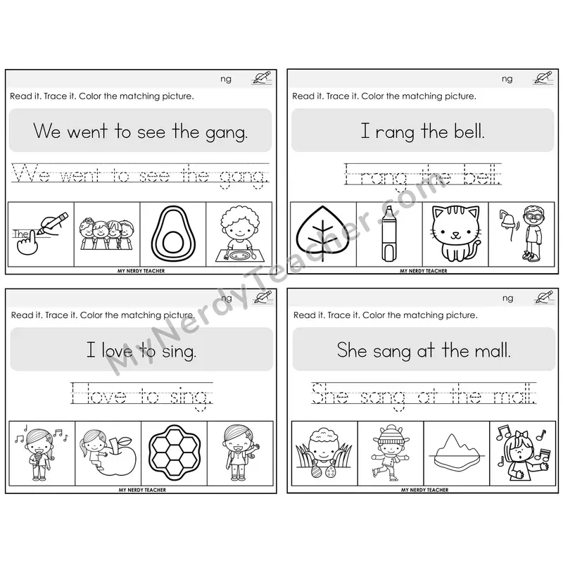 NK Digraph Read It Trace It Color It Task Cards — Decodable Sentences