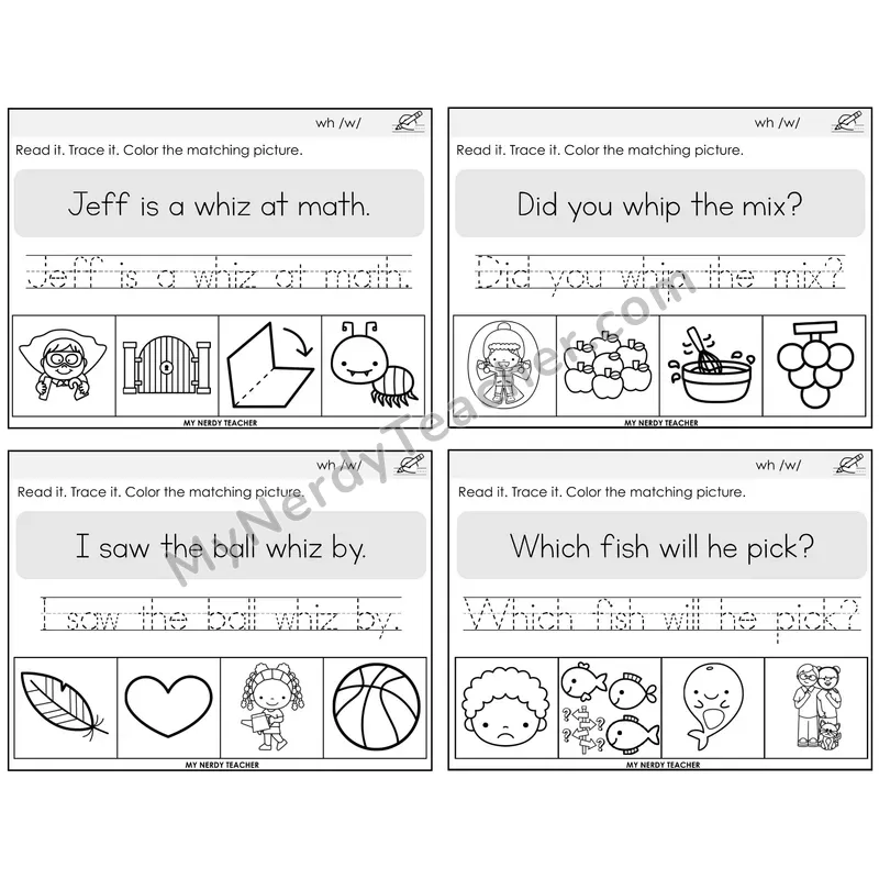 WH Digraph Read It Trace It Color It Task Cards — Decodable Sentences