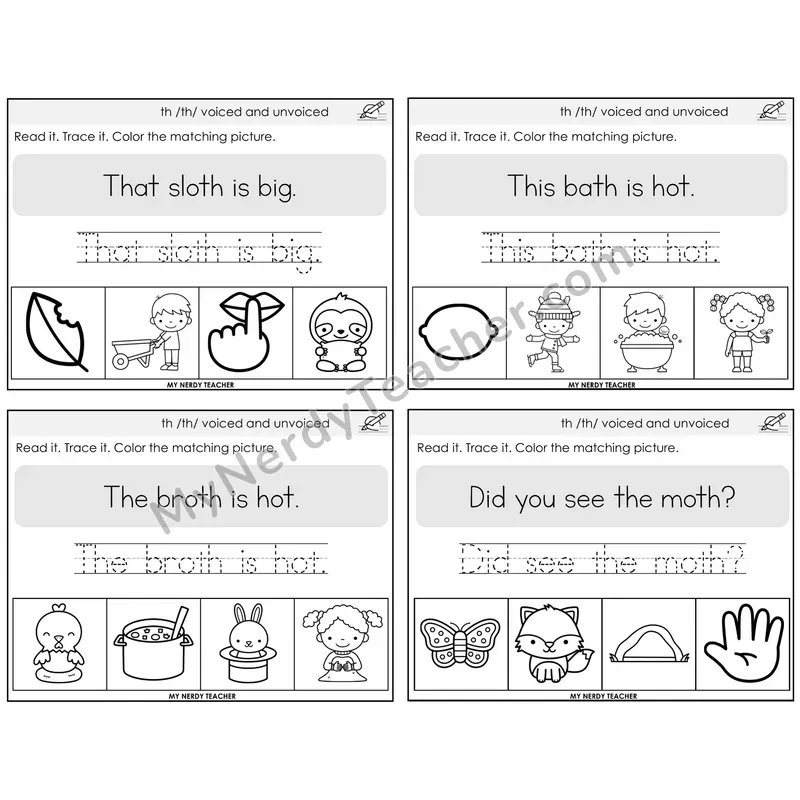 TH Digraph (Voiced + Unvoiced) Read It Trace It Color It Task Cards — Decodable Sentences