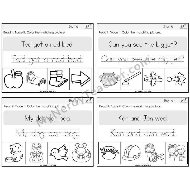 Short E Read It Trace It Color It Task Cards — Decodable Sentences