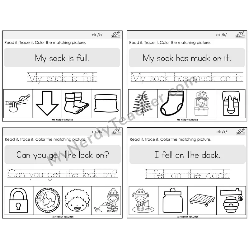 CK Digraph Read It Trace It Color It Task Cards — Decodable Sentences