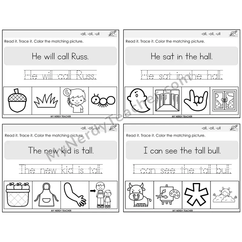 All, Oll, Ull Read It Trace It Color It Task Cards — Decodable Sentences