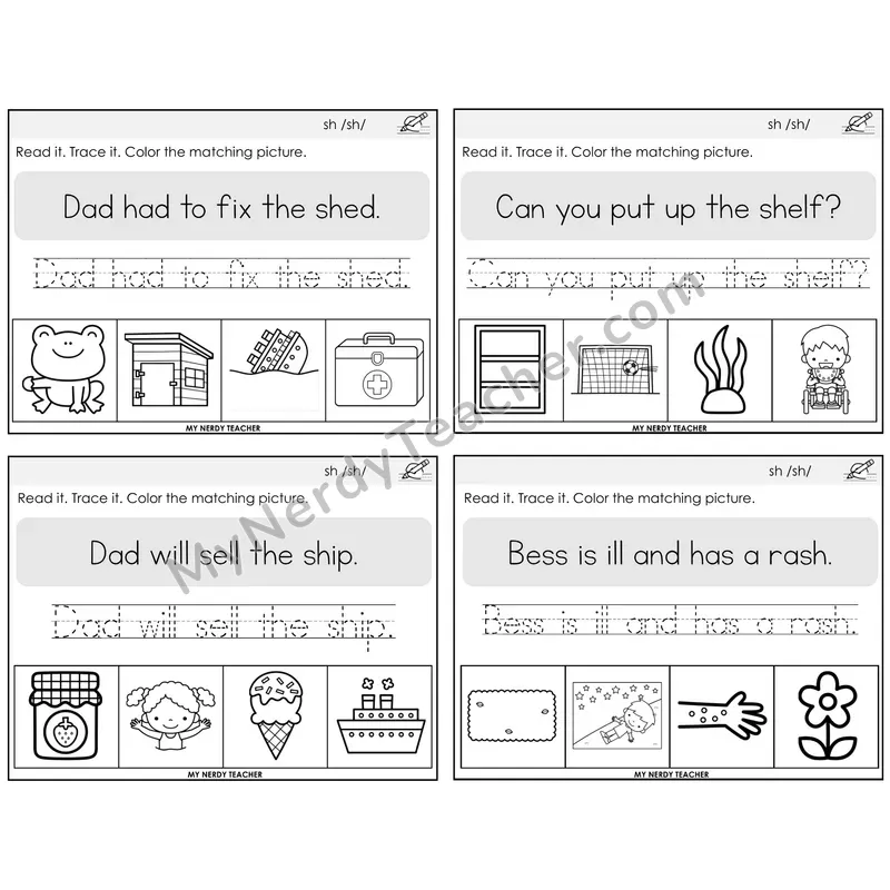 SH Digraph Read It Trace It Color It Task Cards — Decodable Sentences
