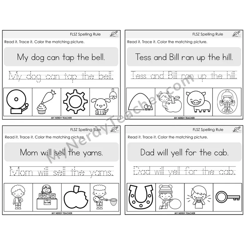 Floss Rule (ff, ll, ss, zz) Read It Trace It Color It Task Cards — Decodable Sentences