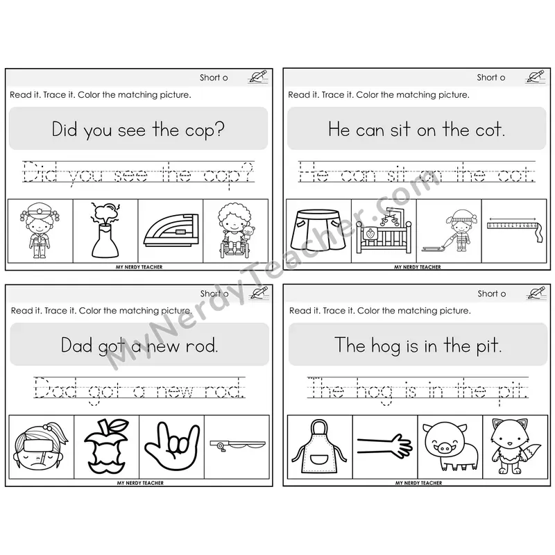 Short O Read It Trace It Color It Task Cards — Decodable Sentences