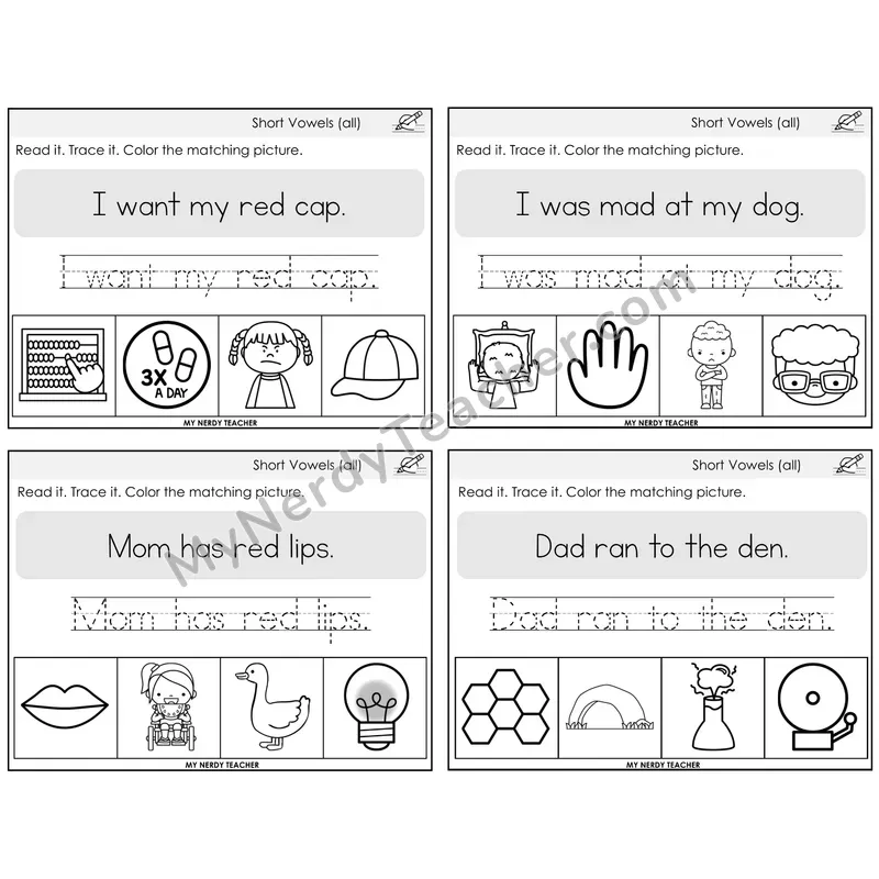 Short Vowels Review Read It Trace It Color It Task Cards — Decodable Sentences