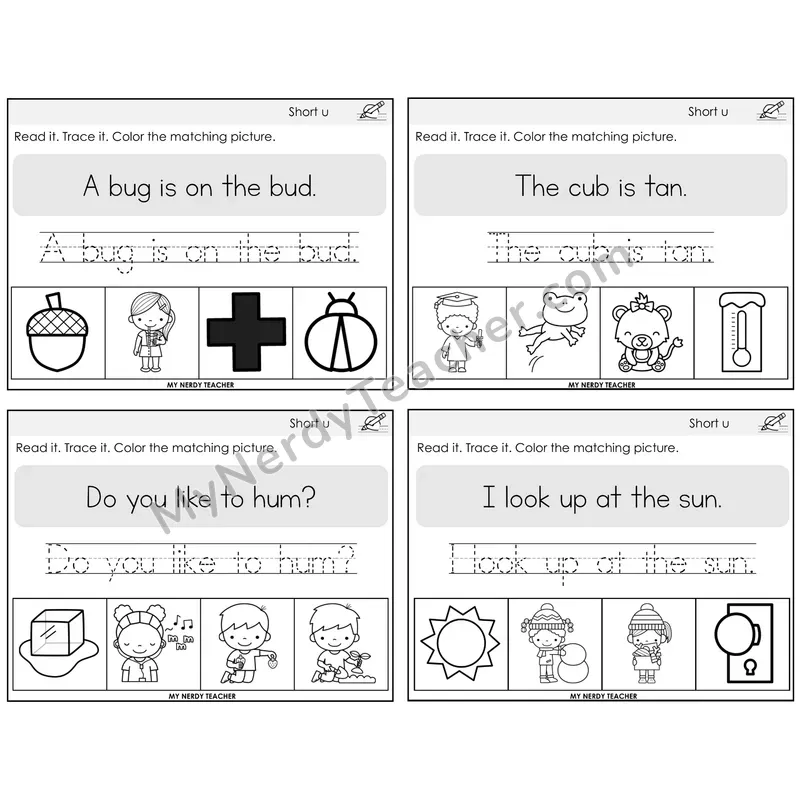 Short U Read It Trace It Color It Task Cards — Decodable Sentences