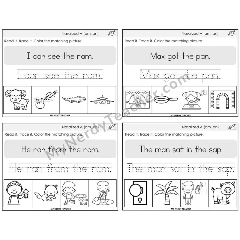 Nasalized A (am, an) Read It Trace It Color It Task Cards — Decodable Sentences