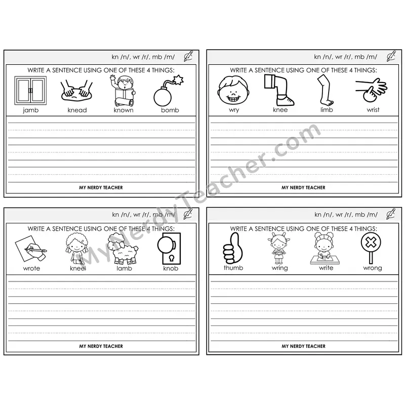 Silent Letters (kn, wr, mb) Write a Sentence Task Cards — Decodable Sentences