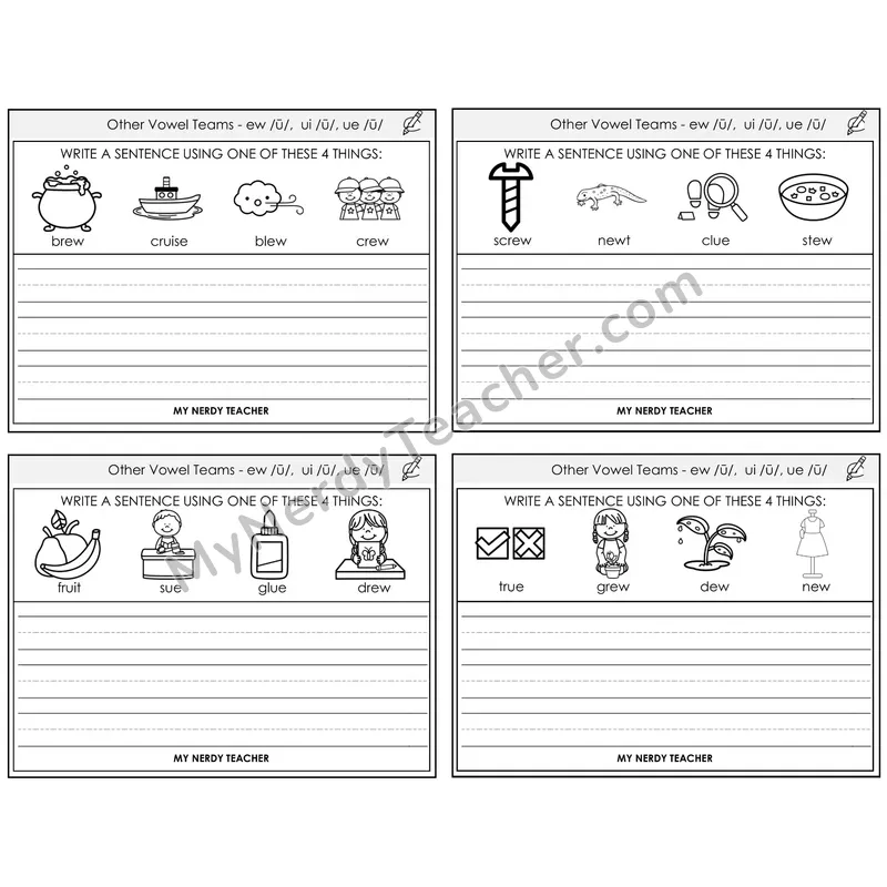 Long U (ew, ui, ue) Write a Sentence Task Cards — Decodable Sentences
