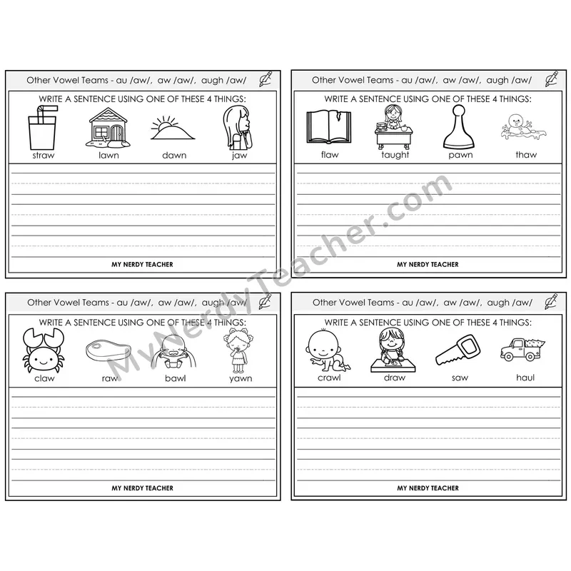 AU, AW, AUGH (/aw/) Write a Sentence Task Cards — Decodable Sentences