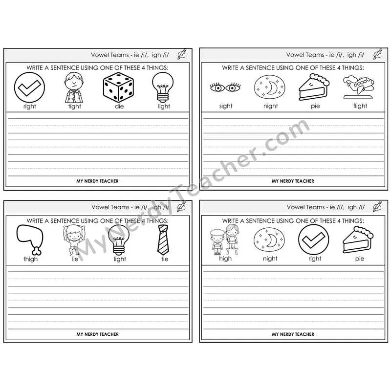Long I Vowel Teams (ie, igh) Write a Sentence Task Cards — Decodable Sentences