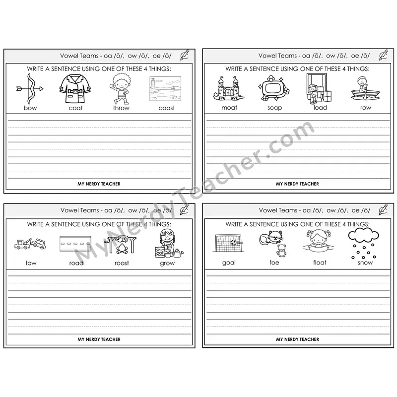 Long O Vowel Teams (oa, ow, oe) Write a Sentence Task Cards — Decodable Sentences