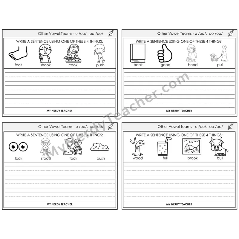 Short OO and U (/oo/) Write a Sentence Task Cards — Decodable Sentences