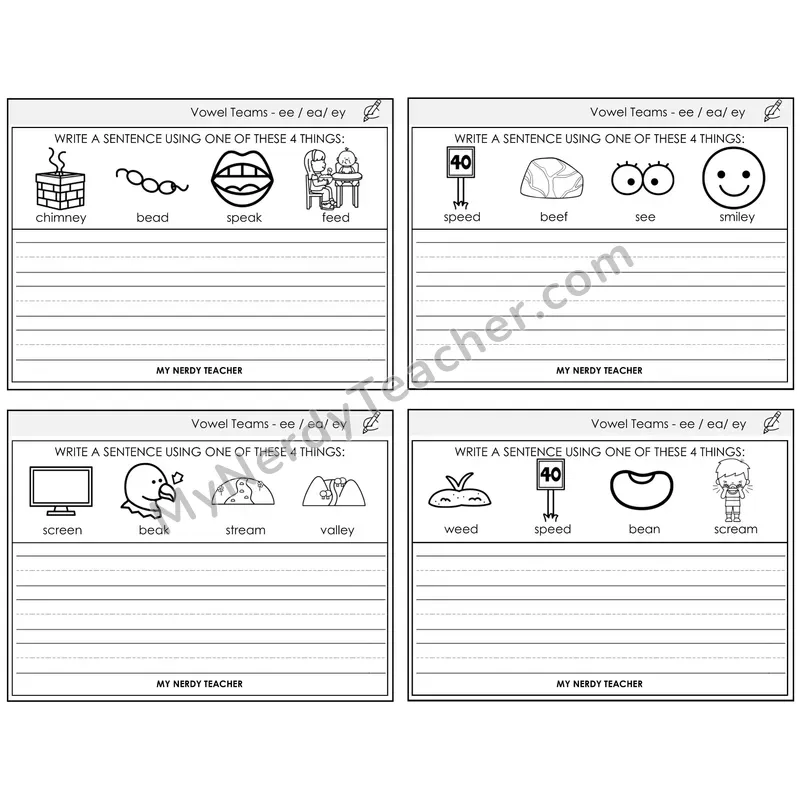 Long E Vowel Teams (ee, ea, ey) Write a Sentence Task Cards — Decodable Sentences