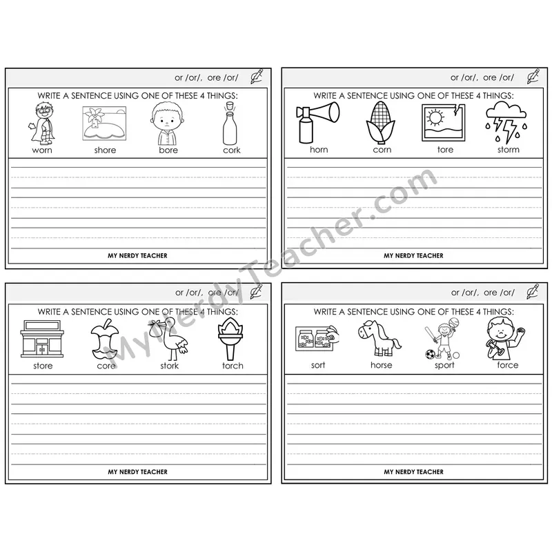 R-Controlled OR and ORE Write a Sentence Task Cards — Decodable Sentences