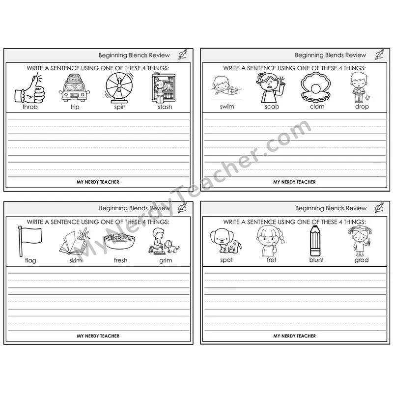 Beginning Blends Review Write a Sentence Task Cards — Decodable Sentences