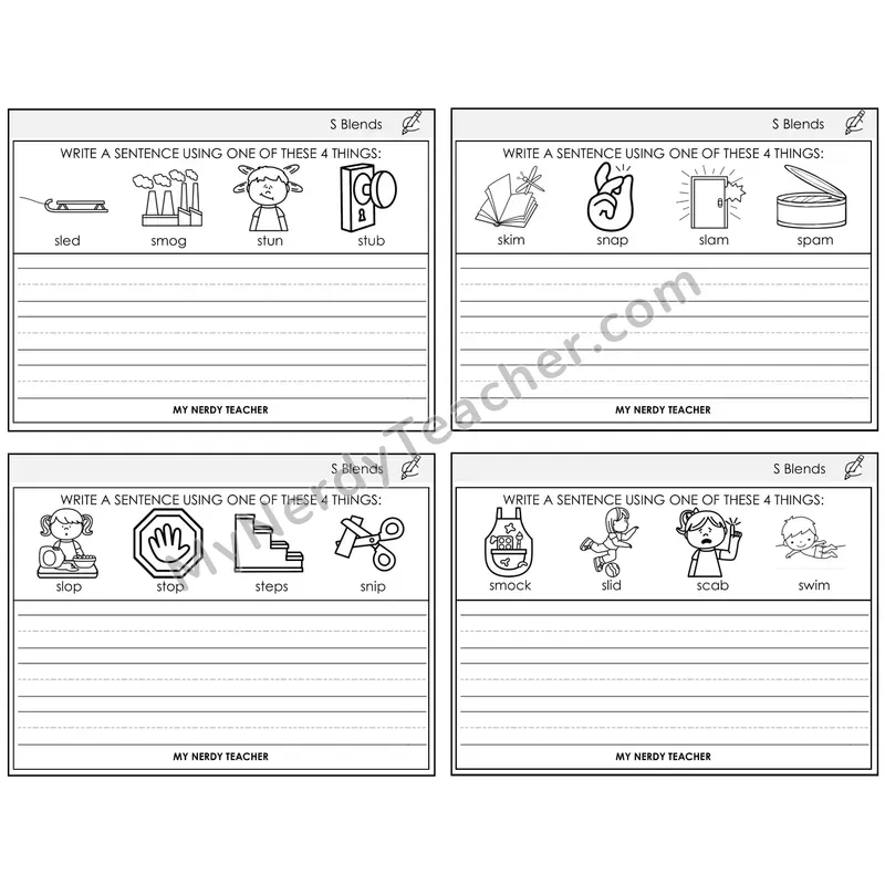 S Blends Write a Sentence Task Cards — Decodable Sentences