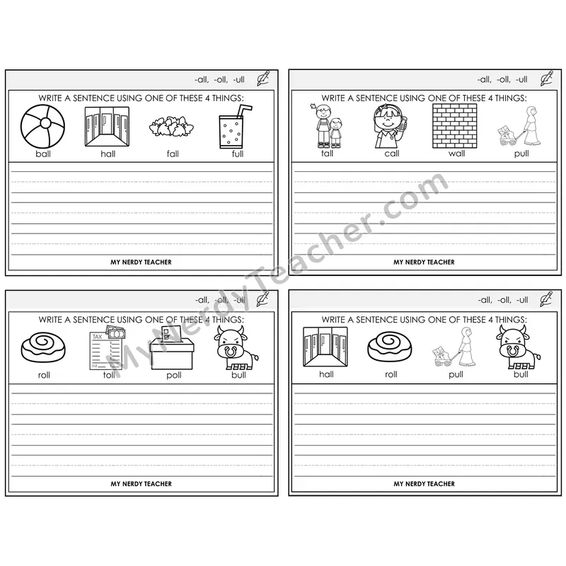 All, Oll, Ull Write a Sentence Task Cards — Decodable Sentences