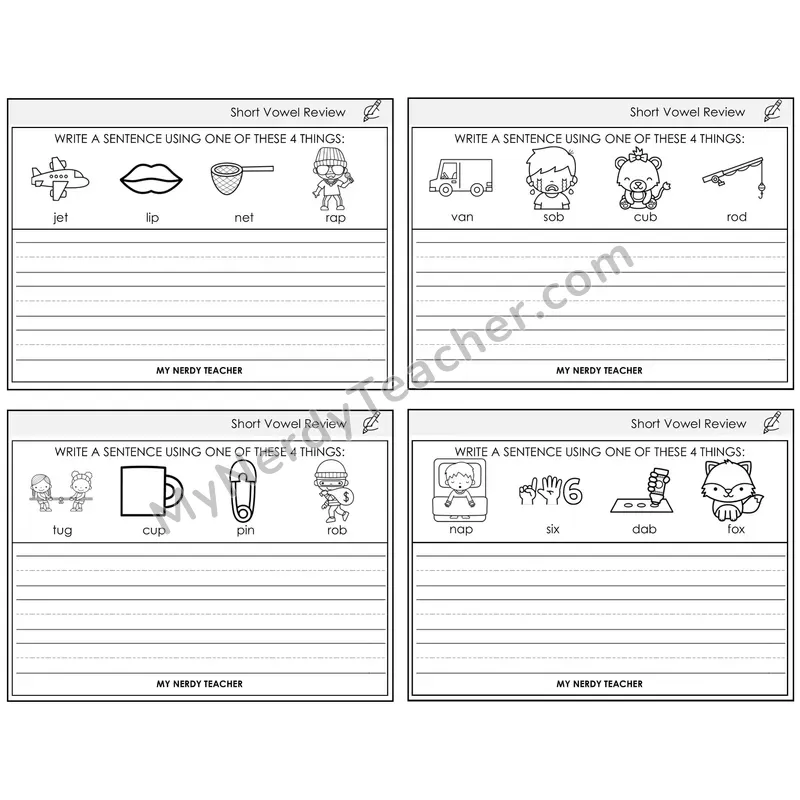 Short Vowels Review Write a Sentence Task Cards — Decodable Sentences