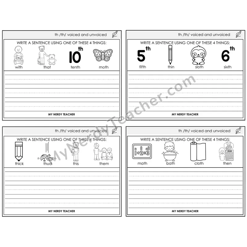 TH Digraph (Voiced + Unvoiced) Write a Sentence Task Cards — Decodable Sentences
