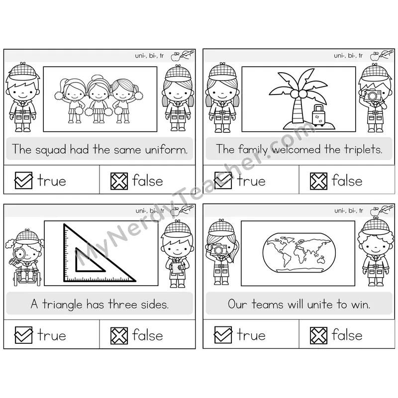 Prefixes uni-, bi-, tri- True or False Task Cards — Decodable Sentences