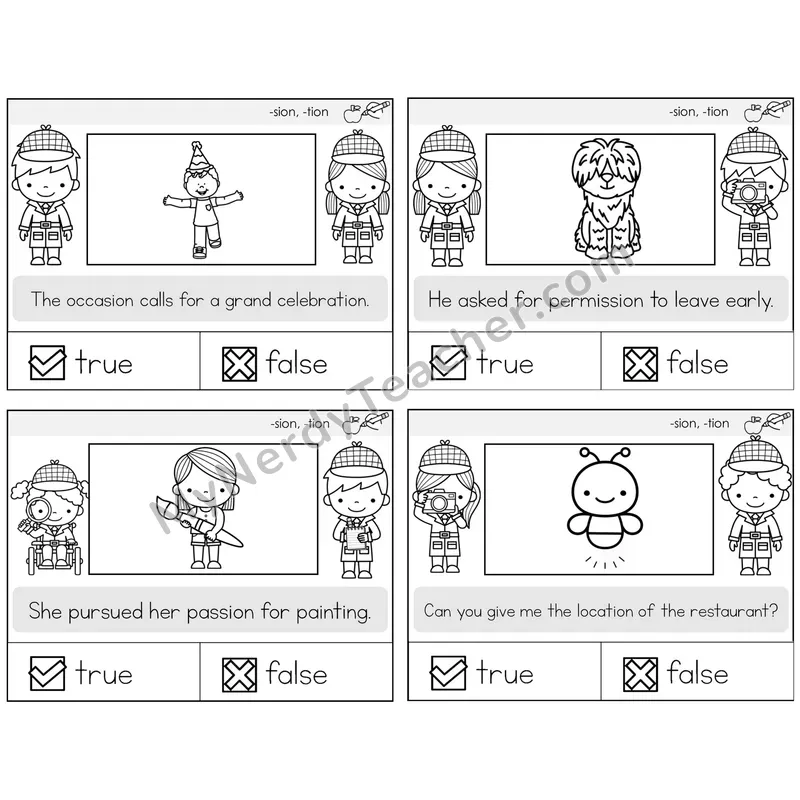 Suffixes -sion and -tion True or False Task Cards — Decodable Sentences