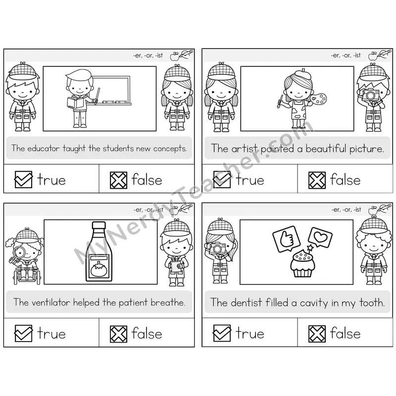 Suffixes -er, -or, -ist True or False Task Cards — Decodable Sentences