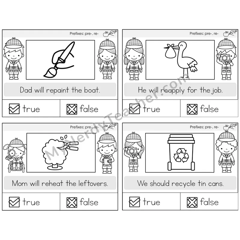 Prefixes pre- and re- True or False Task Cards — Decodable Sentences