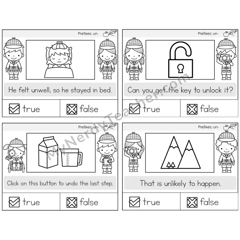 Prefix un- True or False Task Cards — Decodable Sentences