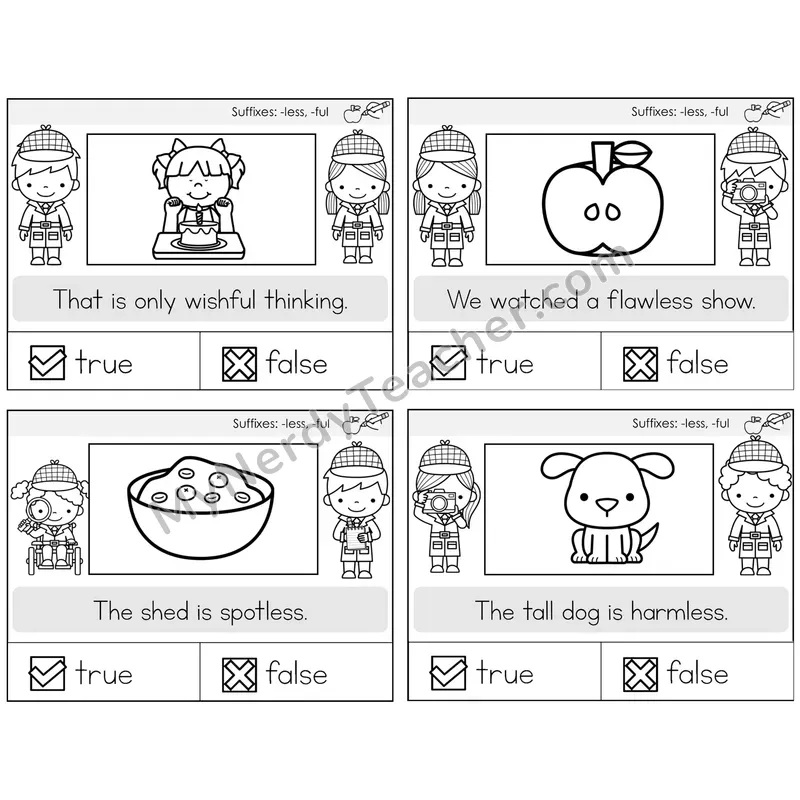 Suffixes -less and -ful True or False Task Cards — Decodable Sentences