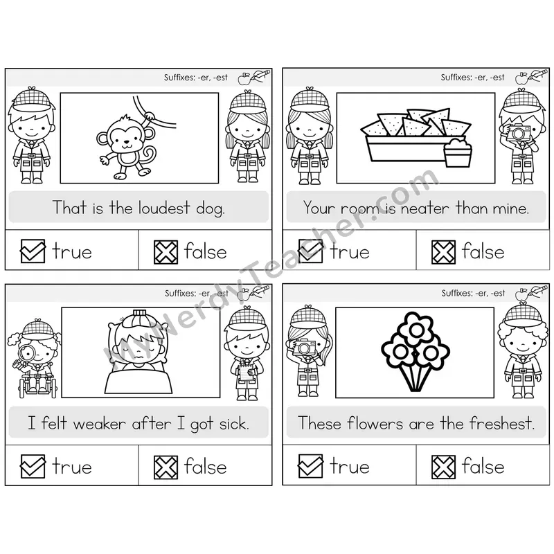 Suffixes -er and -est True or False Task Cards — Decodable Sentences