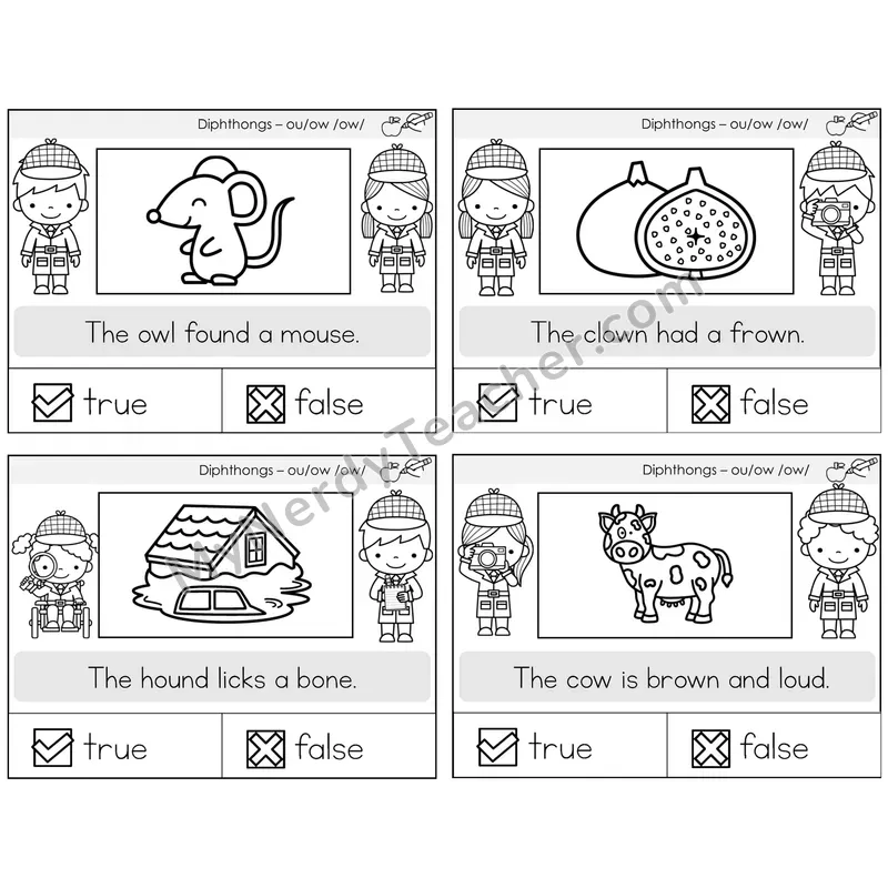 Diphthong OU and OW True or False Task Cards — Decodable Sentences