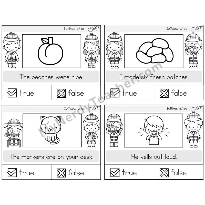 Suffixes -s and -es True or False Task Cards — Decodable Sentences