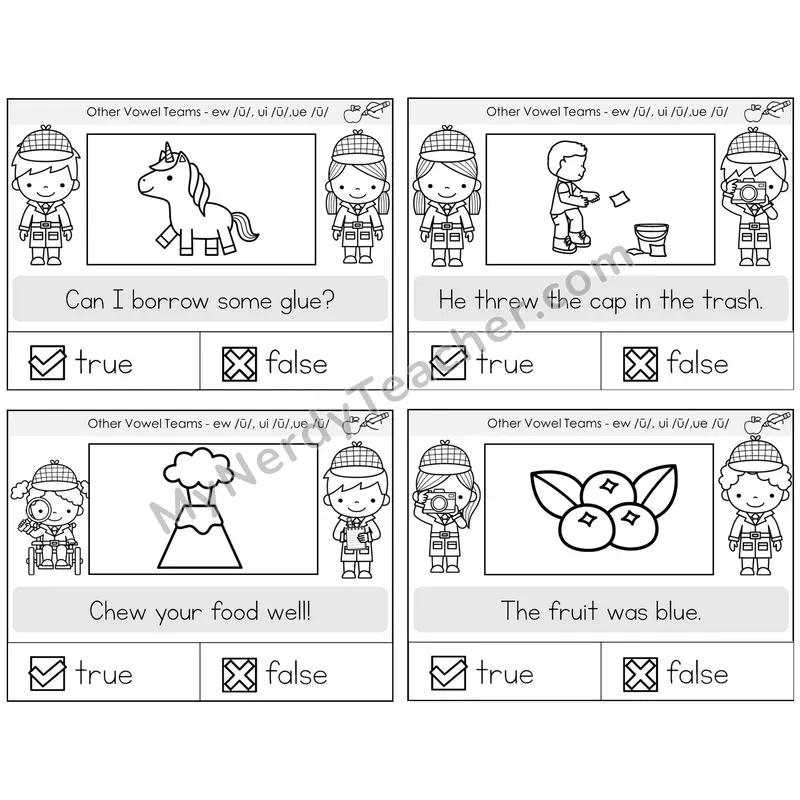 Long U (ew, ui, ue) True or False Task Cards — Decodable Sentences