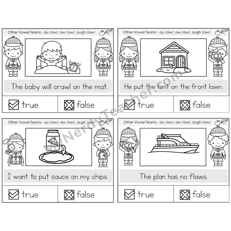 AU, AW, AUGH (/aw/) True or False Task Cards — Decodable Sentences
