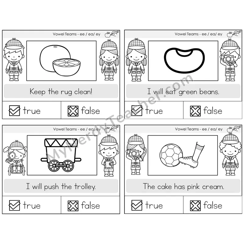 Long E Vowel Teams (ee, ea, ey) True or False Task Cards — Decodable Sentences