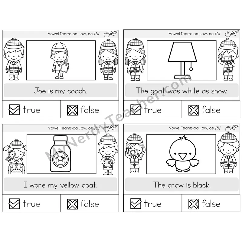 Long O Vowel Teams (oa, ow, oe) True or False Task Cards — Decodable Sentences