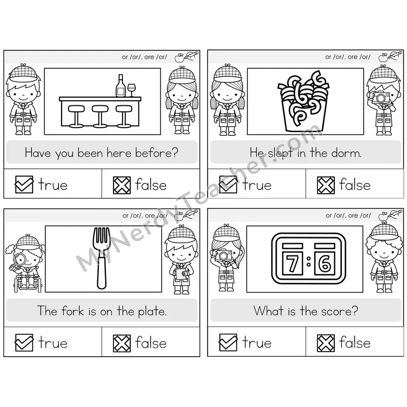 R-Controlled OR and ORE True or False Task Cards — Decodable Sentences