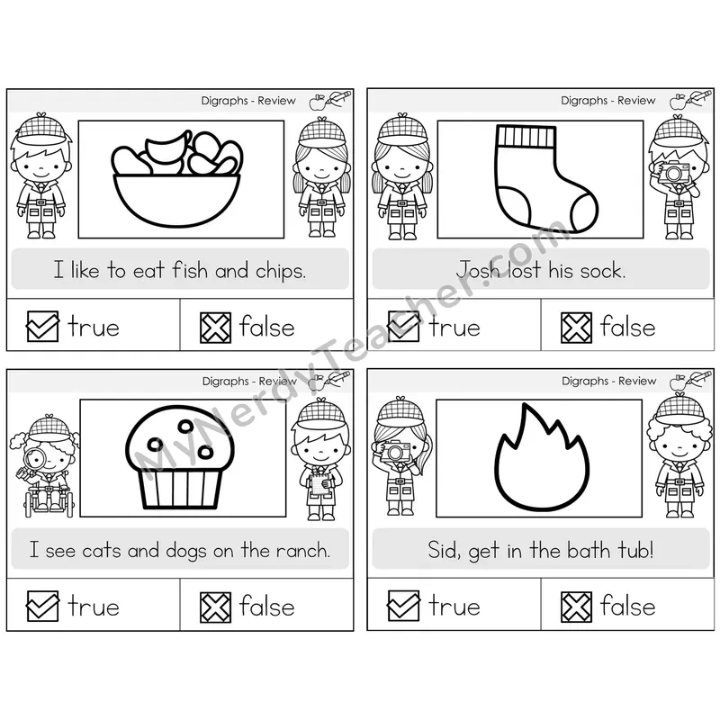 Digraphs Review True or False Task Cards — Decodable Sentences