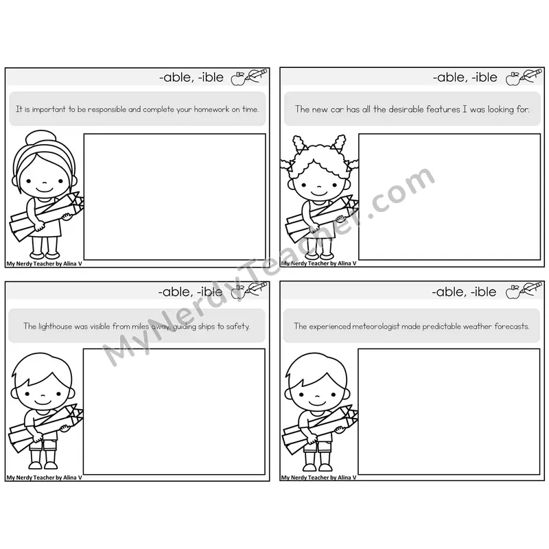 Suffixes -able and -ible Read and Draw Task Cards — Decodable Sentences