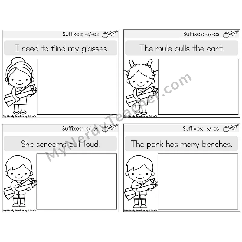 Suffixes -s and -es Read and Draw Task Cards — Decodable Sentences