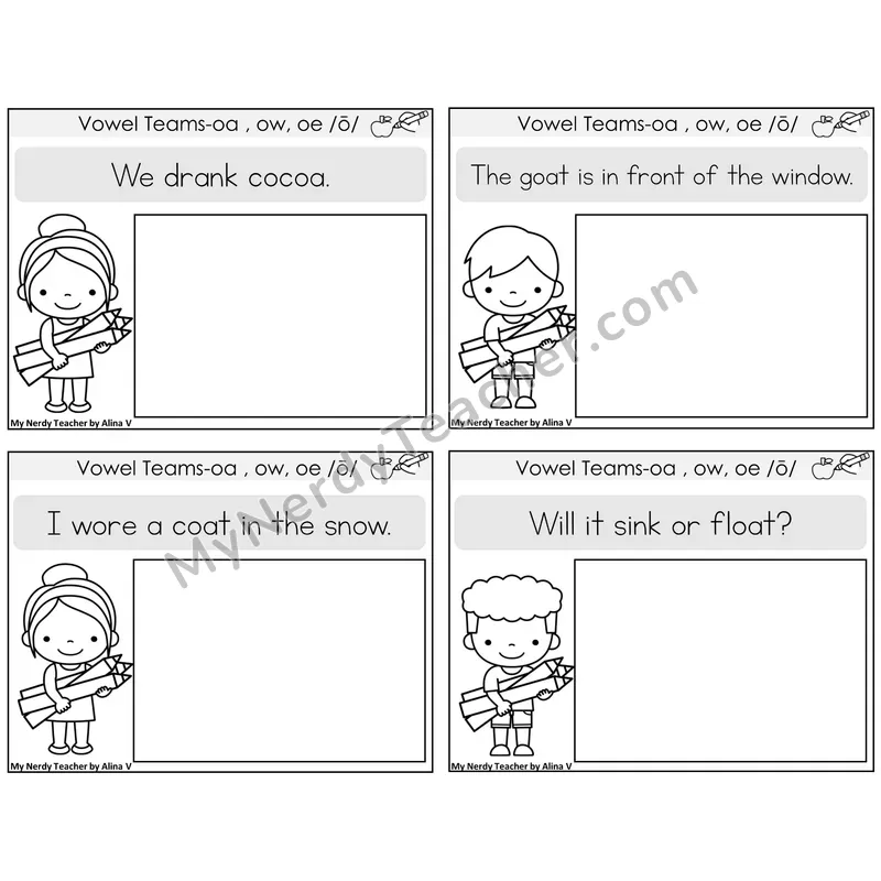 Long O Vowel Teams (oa, ow, oe) Read and Draw Task Cards — Decodable Sentences