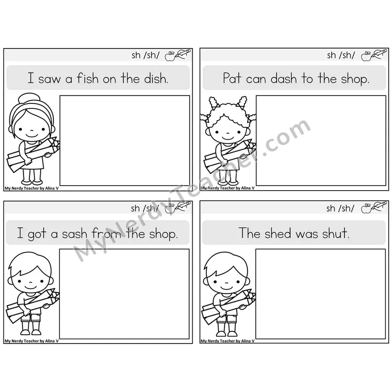 SH Digraph Read and Draw Task Cards — Decodable Sentences
