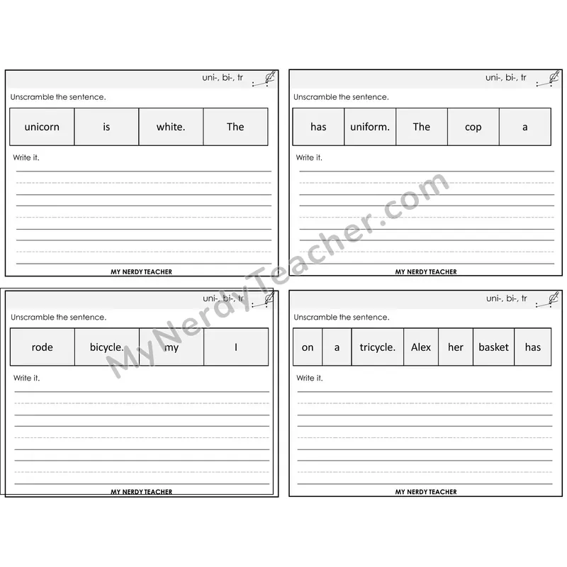 Prefixes uni-, bi-, tri- Unscramble and Write Task Cards — Decodable Sentences