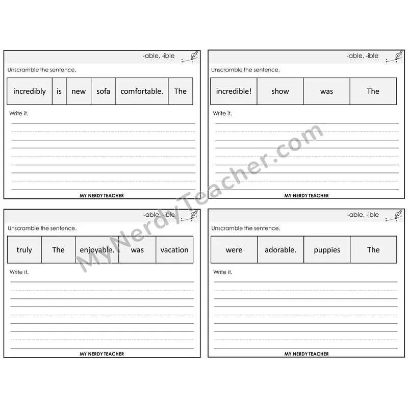 Suffixes -able and -ible Unscramble and Write Task Cards — Decodable Sentences