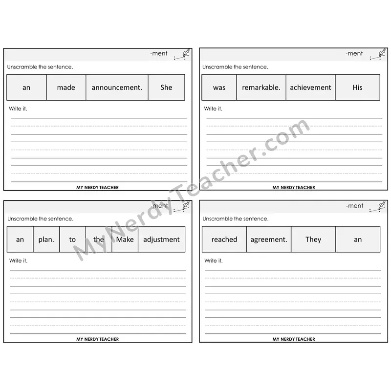 Suffix -ment Unscramble and Write Task Cards — Decodable Sentences
