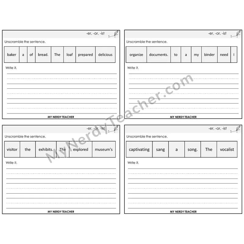 Suffixes -er, -or, -ist Unscramble and Write Task Cards — Decodable Sentences