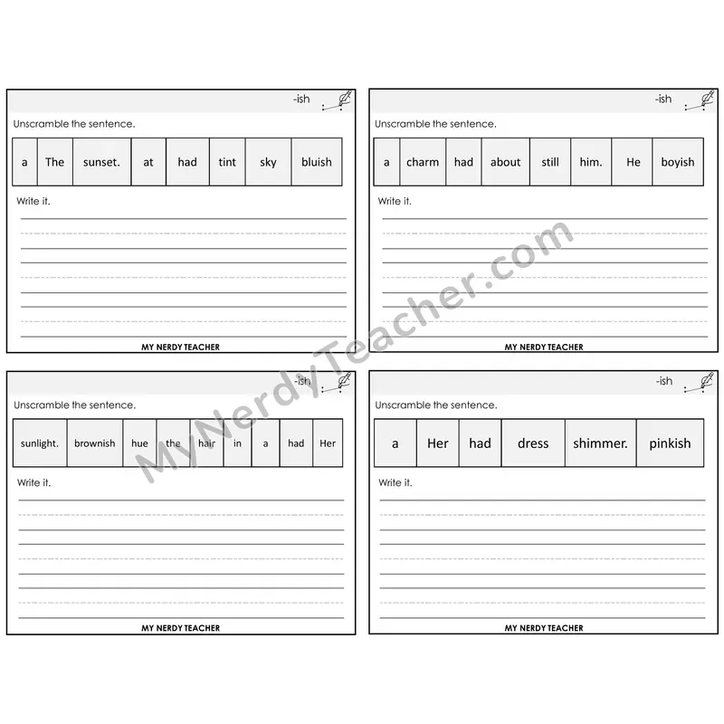 Suffix -ish Unscramble and Write Task Cards — Decodable Sentences