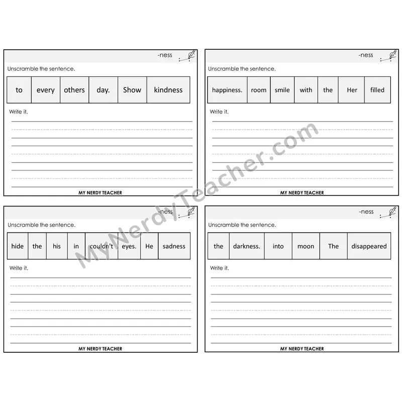 Suffix -ness Unscramble and Write Task Cards — Decodable Sentences